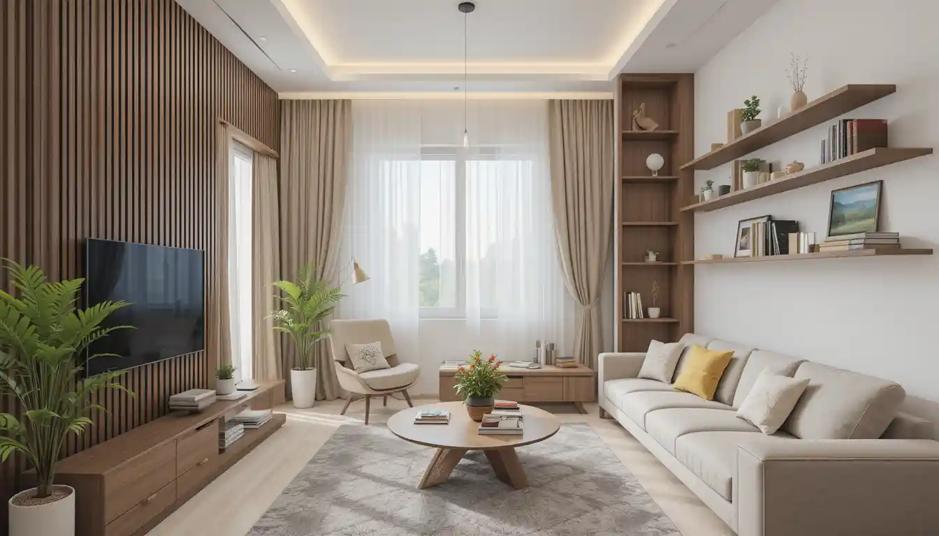 a living room with a tv and a couch, small home design tips