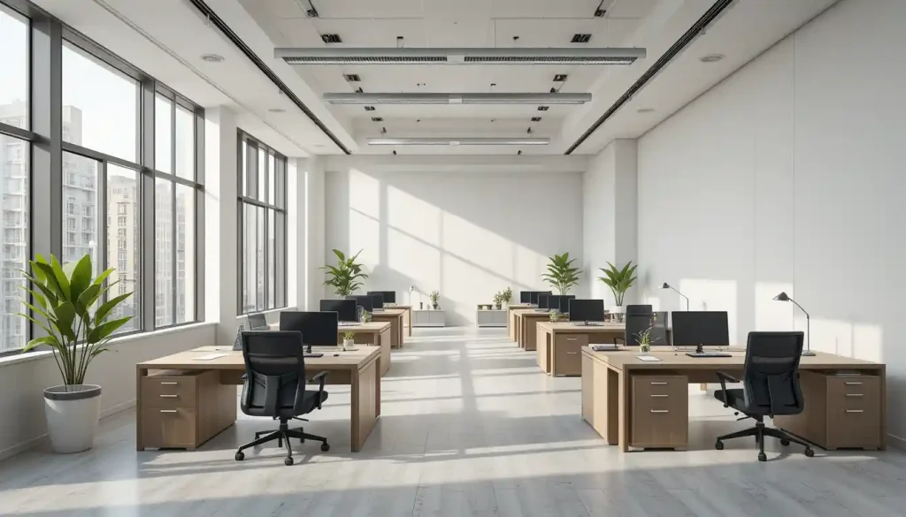 Modern Pakistani office with minimalist design, featuring white walls, wooden desks, and large windows with natural light.