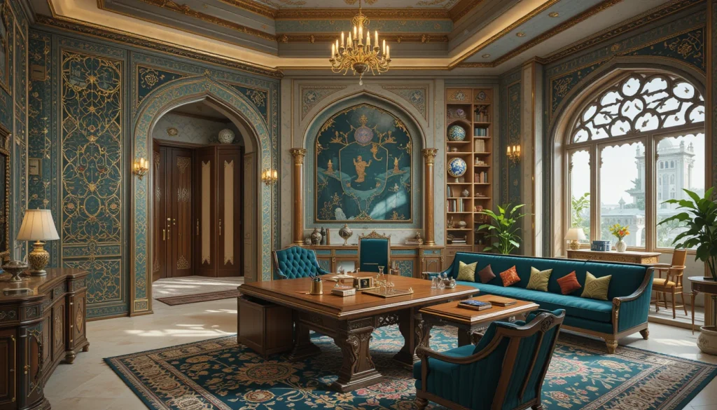  Elegant Pakistani office with Mughal-inspired decor, intricate tile patterns, teal and gold accents, and traditional wooden furniture.
