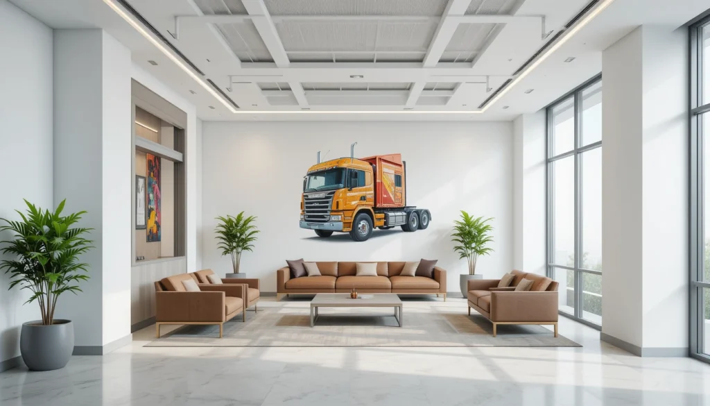 Modern Pakistani office lobby blending minimalist and themed elements, with white walls, a vibrant Truck Art mural, and sleek furniture.